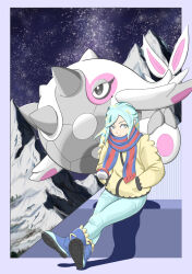 Rule 34 | 1boy, absurdres, blue footwear, blue scarf, boots, border, cetitan, closed mouth, coff (coff corn), creatures (company), crossed legs, eyelashes, game freak, green hair, green pants, grusha (pokemon), hands in pockets, highres, jacket, long hair, long sleeves, looking to the side, male focus, mixed-language commentary, night, nintendo, outdoors, pants, pokemon, pokemon (creature), pokemon sv, scarf, sidelocks, sitting, sky, striped clothes, striped scarf, yellow jacket