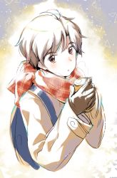 Rule 34 | 1boy, antenna hair, backpack, bag, breath, brown eyes, brown gloves, brown hair, coat, cup, gloves, holding, long sleeves, male focus, scarf, short hair, solo, triangle, upper body, winter clothes, winter coat, yamucha