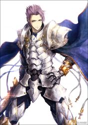 Rule 34 | 1boy, armor, cape, commentary request, cross, fate/grand order, fate (series), gauntlets, hand on own hip, holding, holding sword, holding weapon, k-suwabe, lancelot (fate/grand order), looking at viewer, male focus, plate armor, purple eyes, purple hair, shoulder armor, smile, solo, spiked hair, sword, twitter username, weapon, white background