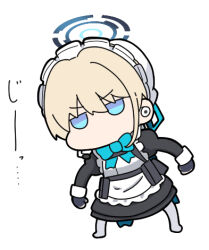 Rule 34 | 1girl, apron, black dress, black gloves, blonde hair, blue archive, blue eyes, chibi, dress, earpiece, fingerless gloves, gloves, hair between eyes, halo, hat, jitome, juliet sleeves, leaning to the side, long sleeves, looking at viewer, lowres, maid, maid apron, maid headdress, mob cap, no shoes, nyaru (nyaru 4126), pantyhose, puffy sleeves, simple background, solo, standing, toki (blue archive), translation request, v-shaped eyebrows, white apron, white background, white hat, white pantyhose