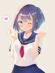 Rule 34 | ;), blue eyes, blue sailor collar, blue skirt, blush, breasts, brown background, character request, closed mouth, hands up, heart, kuroe (sugarberry), neckerchief, one eye closed, pleated skirt, purple hair, red neckerchief, sailor collar, school uniform, serafuku, shirt, short sleeves, simple background, skirt, small breasts, smile, solo, spoken heart, white shirt, wonderland wars