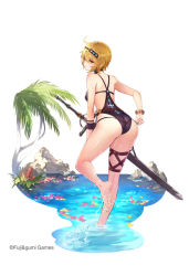 Rule 34 | ahoge, ass, blonde hair, breasts, clothes pull, company name, dare ga tame no alchemist, flower, grants (dare ga tame no alchemist), hairband, leg up, medium breasts, official art, one-piece swimsuit pull, palm tree, petals, sheath, sheathed, short hair, solo, swimsuit, sword, tree, tropical, water, weapon, wet, wet clothes, wet hair, wet swimsuit, yellow eyes