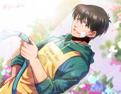 Rule 34 | 1boy, apron, artist name, bandaid, bandaid on face, black hair, blurry, blurry background, brown eyes, dutch angle, english text, floral background, floral print, garden, green hoodie, hajime no ippo, hand on own hip, hood, hoodie, jin akhr, kimura tatsuya, lens flare, looking at viewer, male focus, open mouth, short hair, smile, solo, sunflower print, upper body, water, water drop, water pipe, watering