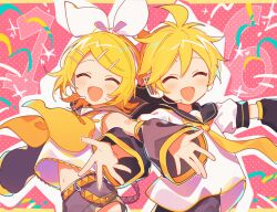 Rule 34 | 1boy, 1girl, 4 (nakajima4423), ahoge, anniversary, black sailor collar, black shorts, blonde hair, blush, border, bow, brother and sister, closed eyes, commentary request, confetti, crop top, detached sleeves, hair bow, hair ornament, hairclip, headphones, highres, kagamine len, kagamine rin, long sleeves, looking at viewer, midriff, neckerchief, number tattoo, open mouth, outstretched arms, pink background, polka dot, polka dot background, sailor collar, shirt, short hair, shorts, shoulder tattoo, siblings, simple background, smile, sparkle, tattoo, twins, upper body, vocaloid, white bow, white shirt, yellow neckerchief