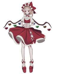 Rule 34 | 1girl, absurdres, blonde hair, bow, commentary, crystal, flandre scarlet, frills, full body, hair bow, hat, heart, highres, looking at viewer, medium hair, mob cap, one side up, open mouth, own hands together, platform footwear, puffy short sleeves, puffy sleeves, red bow, red eyes, red footwear, red skirt, red vest, shirt, shoes, short sleeves, simple background, single drill, skirt, solo, tachi-e, touhou, two-tone footwear, vest, white background, white footwear, white hat, white shirt, wings, wrist cuffs, zabu rou
