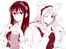 Rule 34 | 2girls, :o, ;), artist name, blush, bow hairband, breasts, casual, character name, closed mouth, collared shirt, commentary request, copyright name, dress, glasses, hairband, heart, heart background, heart hands, himawari-san, himawari-san (character), kazamatsuri matsuri, long hair, long sleeves, looking at viewer, monochrome, multiple girls, one eye closed, shirt, short hair, side-by-side, signature, sleeveless, sleeveless dress, smile, sugano manami, sweater, turtleneck, turtleneck sweater, upper body, white background