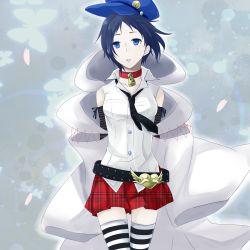 Rule 34 | 1girl, belt, black hair, blue eyes, bug, butterfly, choker, cloak, cowboy shot, elbow gloves, gloves, hay, highres, insect, lock, marie (persona 4), necktie, persona, persona 4, persona 4 the golden, petals, plaid, plaid skirt, pleated skirt, sakiko (nm sk), short hair, skirt, sleeveless, solo, standing, striped clothes, striped thighhighs, thighhighs