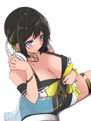 Rule 34 | 163 (shiromeshi), 1girl, akashi maho, bangle, black hair, black shorts, blonde hair, blouse, blue eyes, bracelet, breasts, character name, cleavage, collarbone, covered erect nipples, cowboy shot, d4dj, frilled straps, from above, gold choker, gold necklace, half updo, halterneck, headphones, headphones around neck, jewelry, large breasts, looking at viewer, looking up, multicolored hair, multicolored shirt, necklace, shirt, short hair, shorts, sidelocks, sitting, smile, solo, spaghetti strap, spread legs, tan, thighlet, unzipping, white background, white shirt, yellow background, yellow shirt, zipper, zipper pull tab