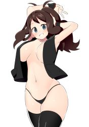 Rule 34 | 1girl, armpits, arms behind head, arms up, black vest, blue eyes, breasts, brown hair, creatures (company), curly hair, game freak, high ponytail, hilda (pokemon), large breasts, long hair, nintendo, no bra, panties, pokemon, pokemon bw, shirt, sidelocks, sleeveless, sleeveless vest, smile, solo, thighhighs, thong, tottotonero, underwear, v, vest, white shirt, wide hips, wristband