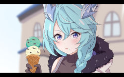 Rule 34 | 1girl, blue hair, blurry, blurry background, blush, braid, food, hair between eyes, hair ornament, ice cream, kuroha uma, letterboxed, long hair, looking at viewer, open mouth, princess connect!, purple eyes, sheffy (princess connect!), solo