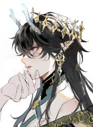 Rule 34 | 1boy, 1other, aqua eyes, black hair, crown, dan heng (honkai: star rail), dan heng (imbibitor lunae) (honkai: star rail), dragon boy, dragon horns, earrings, eyeliner, facing to the side, hand on another&#039;s chin, highres, honkai: star rail, honkai (series), horns, jewelry, long hair, looking at another, official alternate hair length, official alternate hairstyle, oryunbunkosu, pointy ears, red eyeliner