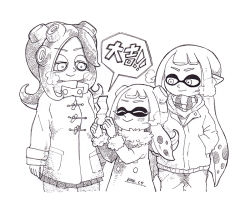 Rule 34 | 3girls, bad id, bad pixiv id, closed eyes, dated, female focus, if they mated, inkling, inkling girl, inkling player character, jacket, long hair, monochrome, mother and daughter, multiple girls, nintendo, octoling, pointy ears, scarf, simple background, smile, splatoon (series), splatoon 1, takozonesu, tentacle hair, white background, wife and wife, yuta agc