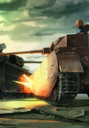 Rule 34 | 2girls, blonde hair, caterpillar tracks, character request, cloud, cloudy sky, girls und panzer, gun, highres, jinguu (4839ms), looking at viewer, military, military vehicle, motion lines, motor vehicle, multiple girls, nishizumi miho, ooarai military uniform, overcast, panzer iv, panzer iv, sky, tank, tank gun, turret, weapon, yellow eyes