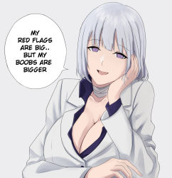 Rule 34 | 1girl, bandaged neck, bandages, breasts, business suit, cyka, english text, formal, girls&#039; frontline, grey background, grey hair, grey suit, hand on own cheek, hand on own face, hand rest, large breasts, long sleeves, looking at viewer, meme, purple eyes, rpk-16 (girls&#039; frontline), rpk-16 (renate) (girls&#039; frontline), short hair, simple background, solo, speech bubble, suit