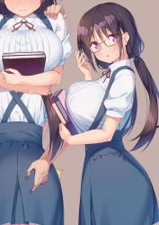 Rule 34 | 1girl, ass grab, black hair, blush, book, bow, bowtie, breast press, breasts, copyright request, glasses, hand on another&#039;s shoulder, hand up, highres, kazuma (kazumav), large breasts, long hair, looking at viewer, low twintails, original, purple eyes, red neckwear, semi-rimless eyewear, simple background, skirt, solo focus, suspender skirt, suspenders, sweat, trembling, twintails, under-rim eyewear