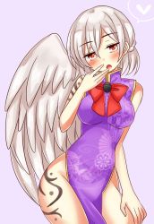 Rule 34 | 1girl, aisa (micuma), alternate costume, bare shoulders, breasts, china dress, chinese clothes, contrapposto, dress, highres, hip focus, kishin sagume, large breasts, no panties, open mouth, pelvic curtain, red eyes, short hair, single wing, solo, standing, tattoo, thighs, touhou, white hair, wings