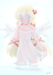 Rule 34 | 1girl, :d, bad id, bad pixiv id, bare shoulders, blonde hair, blue eyes, blush, collarbone, commentary request, dress, feathered wings, fingernails, flower, hair between eyes, hair flower, hair ornament, hair ribbon, hand up, heart, highres, kanijiru, long hair, looking at viewer, open mouth, original, pointy ears, red flower, red ribbon, red rose, ribbon, rose, smile, solo, standing, strapless, strapless dress, twitter username, very long hair, wading, water, white dress, white wings, wings