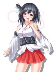Rule 34 | 10s, 1girl, :d, bare shoulders, black hair, blush, breasts, cannon, detached sleeves, hair ornament, japanese clothes, kantai collection, kyamu (qqea92z9n), large breasts, long hair, nontraditional miko, obi, open mouth, personification, red eyes, sash, short hair, skirt, smile, solo, yamashiro (kancolle)