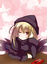 Rule 34 | 1girl, blonde hair, blush, earlgrey, fairy wings, female focus, food, hat, heart, lily black, lily white, long hair, long sleeves, no nose, one eye closed, pocky, red eyes, solo, touhou, wings, wink