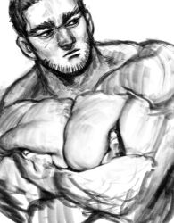 Rule 34 | 1boy, bara, beard stubble, buzz cut, chest hair, covering chest, covering privates, facial hair, golden kamuy, greyscale, highres, kasuke (li tgknk), large pectorals, looking to the side, male focus, mature male, monochrome, muscular, muscular male, nude, pectoral lift, pectorals, short hair, sketch, solo, stubble, tanigaki genjirou, thick eyebrows, upper body, very short hair