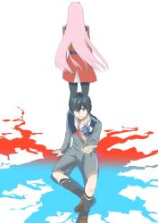 Rule 34 | 10s, 1boy, 1girl, black hair, black pantyhose, blue eyes, boots, brown footwear, couple, darling in the franxx, highres, hiro (darling in the franxx), long hair, looking at viewer, military, military uniform, necktie, open clothes, pantyhose, pink hair, red neckwear, shoes, short hair, sitting, socks, uniform, white footwear, zero two (darling in the franxx), zyb780