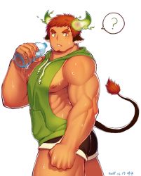 Rule 34 | 1boy, ?, absurdres, alternate costume, animal ears, ass, bara, bare arms, bare pectorals, bare shoulders, bottle, brown eyes, brown hair, brown shorts, casual, cow boy, cow ears, cow horns, dark skin, dark-skinned male, facial hair, fiery horns, forked eyebrows, from side, glowing horns, goatee, green hoodie, highres, holding, holding bottle, hood, hoodie, horns, large pectorals, looking at viewer, male focus, muscular, muscular male, nipple slip, nipples, pectorals, short hair, short shorts, shorts, sidepec, sleeveless, sleeveless hoodie, solo, spiked hair, spoken question mark, sweat, thick eyebrows, thick thighs, thighs, tokyo houkago summoners, wakan tanka, yang geon