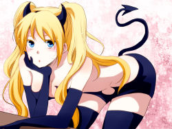 Rule 34 | 1girl, bare shoulders, bent over, black thighhighs, blonde hair, blue eyes, blush, breasts, cleavage, demon girl, demon tail, elbow gloves, facial mark, facing viewer, fake horns, genderswap, genderswap (mtf), gloves, hairband, horns, leaning forward, long hair, looking at viewer, md5 mismatch, medium breasts, midriff, moriko (spica), naruko (naruto), naruto, naruto (series), parted lips, sexy no jutsu, shorts, solo, standing, table, tail, thighhighs, twintails, uzumaki naruto, whisker markings, whiskers