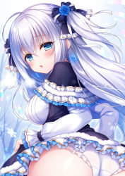 Rule 34 | 1girl, ass, blue dress, blue eyes, blush, bow, breasts, clothes lift, commentary request, dress, dress lift, earrings, frilled dress, frilled panties, frills, gothic lolita, grey hair, hair between eyes, hair bow, heart, heart-shaped pupils, holding, holding clothes, holding skirt, jewelry, lolita fashion, long hair, long sleeves, looking at viewer, looking back, medium breasts, mitsuba choco, official art, open mouth, original, outdoors, panties, skirt, snowflakes, solo, symbol-shaped pupils, tree, two side up, underwear, very long hair, white hair, white panties