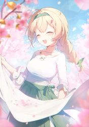 Rule 34 | 1girl, absurdres, alternate costume, blonde hair, blue sky, blurry, blurry foreground, blush, braid, braided ponytail, breasts, casual, cherry blossoms, closed eyes, collarbone, cowboy shot, day, facing viewer, flower, green hairband, green skirt, hair flower, hair ornament, hairband, hairclip, hana mori, high-waist skirt, highres, hololive, jewelry, kazama iroha, lens flare, long hair, long sleeves, medium breasts, necklace, open mouth, outdoors, pink flower, scan, shirt, sidelocks, single braid, skirt, sky, smile, solo, teeth, upper teeth only, virtual youtuber, white shirt