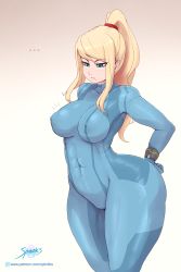 Rule 34 | 1girl, absurdres, blonde hair, blue eyes, blush, bodysuit, breasts, cameltoe, covered erect nipples, curvy, highres, large breasts, long hair, metroid, mole, mole under mouth, nintendo, parted lips, ponytail, samus aran, skin tight, solo, spindles, standing, thick thighs, thighs, wide hips, zero suit