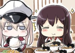 Rule 34 | 10s, 2girls, ^^^, akagi (kancolle), bad id, bad twitter id, blonde hair, blue eyes, blush stickers, bowl, brown hair, eating, engiyoshi, closed eyes, food, graf zeppelin (kancolle), hat, japanese clothes, kantai collection, long hair, multiple girls, noodles, own hands together, peaked cap, ramen, rice bowl, smile, sparkle, surprised, twintails