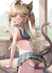 Rule 34 | 1girl, :3, ;d, ahoge, animal ear fluff, animal ears, ass, bare arms, bare shoulders, black panties, black shirt, blue skirt, breasts, brown hair, cat ears, cat tail, commentary request, cowboy shot, crop top, fang, from behind, genshin impact, green eyes, hair intakes, half updo, hand up, highres, kirara (genshin impact), long hair, looking at viewer, looking back, medium breasts, midriff, miniskirt, multiple tails, nanamo yado, navel, one eye closed, open mouth, panties, pleated skirt, shirt, skin fang, skirt, sleeveless, sleeveless shirt, smile, solo, standing, stomach, tail, thighs, two tails, underwear, very long hair