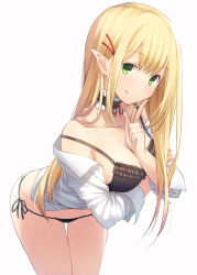 Rule 34 | 1girl, :q, armpit crease, bare shoulders, black bra, black panties, blonde hair, blush, bra, breast hold, breasts, choker, cleavage, closed mouth, collarbone, collared shirt, commentary request, cowboy shot, elf, frilled bra, frilled choker, frills, green eyes, groin, hair ornament, hairclip, head tilt, index finger raised, leaning forward, leyte, long hair, long sleeves, medium breasts, off shoulder, original, panties, pointy ears, shirt, side-tie panties, sidelocks, simple background, sleeves rolled up, smile, solo, standing, strap slip, thigh gap, tongue, tongue out, underwear, white background, white shirt