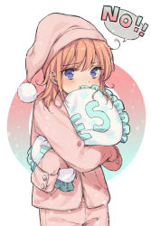 Rule 34 | 1girl, alternate hairstyle, blue eyes, blush, english text, frilled pillow, frills, gintama, hair down, hands in opposite sleeves, hat, highres, kagura (gintama), nightcap, no, nun (arizon), hugging object, orange hair, pajamas, pillow, pillow hug, pout, sleeves past wrists, solo, speech bubble, white background, yes, yes-no pillow
