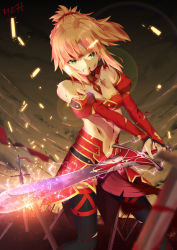 Rule 34 | 1girl, armor, black thighhighs, blonde hair, blood, bra, breasts, clarent (fate), cleavage, clenched teeth, detached sleeves, fate/apocrypha, fate (series), floating hair, green eyes, hair ornament, hair scrunchie, holding, holding sword, holding weapon, lens flare, long hair, midriff, mordred (fate), mordred (fate/apocrypha), navel, outdoors, ponytail, red bra, red scrunchie, red skirt, scrunchie, skirt, small breasts, solo, standing, stomach, striped bra, striped clothes, sword, teeth, thighhighs, underwear, weapon, yeh (354162698)