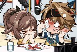 Rule 34 | &gt; &lt;, 1boy, 1girl, bad source, brown hair, casual, chibi, chili pepper, chopsticks, closed eyes, cup, hands on own face, holding, holding cup, jewelry, key, looking at viewer, luke pearce (tears of themis), necklace, o o, off-shoulder shirt, off shoulder, official art, plate, ponytail, rosa (tears of themis), second-party source, shirt, short hair, skateboard, spicy, sweat, table, tears of themis, tile floor, tiles, water, white shirt, yellow shirt