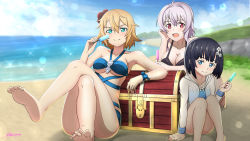 Rule 34 | 3girls, :d, aqua eyes, armpits, barefoot, beach, bikini, black bikini, black hair, blonde hair, blue bikini, blue eyes, blue sky, blush, breasts, cinderella bust, closed mouth, cloud, collarbone, day, feet, female focus, flower, food, hair flower, hair ornament, halterneck, highres, holding, holding food, ice cream, jacket, large breasts, legs, crossed legs, lens flare, long hair, looking at viewer, medium breasts, mole, mole on breast, mole under eye, multiple girls, mysteryctu, ocean, on ground, open clothes, open jacket, open mouth, outdoors, philia (sao), popsicle, premiere (sao), red eyes, red flower, see-through, short hair, silver hair, sitting, sky, smile, soles, sparkle, strea (sao), swimsuit, sword art online, toes, underboob