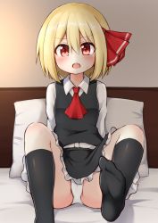 Rule 34 | 1girl, ascot, bed, black skirt, black socks, black vest, blonde hair, blush, breasts, commentary request, feet, feet out of frame, foot focus, hair between eyes, hair ribbon, highres, indoors, kneehighs, long sleeves, looking at viewer, miniskirt, open mouth, panties, pantyshot, petticoat, pillow, red ascot, red eyes, red ribbon, ribbon, rumia, shirt, short hair, sitting, skirt, skirt set, small breasts, socks, soles, solo, suwa yasai, sweat, touhou, underwear, vest, white panties, white shirt