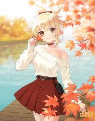 Rule 34 | 1girl, artist name, autumn, autumn leaves, bag, bare shoulders, belt, belt buckle, black belt, blonde hair, buckle, casual, choker, closed mouth, commentary, commentary request, cowboy shot, day, english commentary, genshin impact, hand up, handbag, holding, holding leaf, lake, leaf, lilia creative, long sleeves, looking at viewer, maple leaf, mixed-language commentary, off-shoulder shirt, off shoulder, orange eyes, outdoors, red skirt, revision, shirt, skirt, sleeves past wrists, smile, solo, standing, sweater, water, watermark, white sweater, yoimiya (genshin impact)