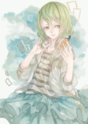 Rule 34 | 1girl, :p, blue skirt, commentary request, earphones, frilled skirt, frills, green eyes, green hair, gumi, headset, highres, hood, hoodie, looking at viewer, mizutame tori, shirt, sketch, skirt, solo, striped clothes, striped shirt, tongue, tongue out, vocaloid