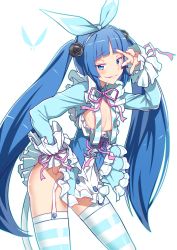 Rule 34 | 1girl, blue eyes, blue hair, blunt bangs, blunt ends, blush, bombergirl, clothes lift, cosplay, flat chest, frilled skirt, frilled sleeves, frills, garter straps, grin, highres, long hair, long sleeves, looking at viewer, nipako, parted lips, personification, pine (bombergirl), pine (bombergirl) (cosplay), revealing clothes, shiny skin, skirt, skirt lift, smile, striped clothes, striped thighhighs, teeth, thighhighs, twintails, ultimate nipper, yuto (dialique)