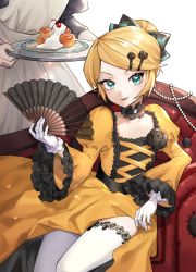 Rule 34 | 2girls, absurdres, aku no musume (vocaloid), alternate costume, apron, aqua eyes, blonde hair, brioche, cherry, choker, clothes lift, collarbone, dessert, dress, dress lift, enmaided, evillious nendaiki, food, frilled gloves, frilled sleeves, frills, fruit, gloves, hair bun, hair ornament, hairclip, hand fan, highres, holding, holding fan, holding plate, juliet sleeves, kagamine rin, legs, legs together, lifting own clothes, long sleeves, maid, maid apron, multiple girls, pastry, plate, princess, puffy sleeves, qltnrl9999, riliane lucifen d&#039;autriche, single hair bun, sitting, sitting sideways, smile, solo focus, thighhighs, thighs, throne, vocaloid, white gloves, white legwear, wide sleeves, yellow dress