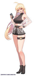 Rule 34 | 1girl, absurdres, ahoge, ankle boots, armpits, bare legs, bare shoulders, belt, black footwear, black shirt, black shorts, blonde hair, boots, breasts, cellphone, crop top, full body, hair between eyes, hand on own hip, hand up, high heel boots, high heels, highres, holding, iphone, iphone 11 pro, jewelry, large breasts, long hair, looking at viewer, love delivery, midriff, mmlyno, necklace, off shoulder, official art, open clothes, open mouth, original, phone, red eyes, revealing clothes, see-through, shirt, short shorts, shorts, simple background, sleeveless, sleeveless shirt, sleeveless turtleneck, smartphone, smile, solo, standing, thigh strap, thighs, turtleneck, very long hair, white background