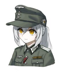 Rule 34 | 1girl, closed mouth, commentary, cropped torso, edelweiss (flower), english commentary, grey hair, hair between eyes, hat, light smile, long hair, looking ahead, military, military hat, military uniform, orange eyes, original, ponytail, simple background, soldier, solo, uniform, wehrmacht, weimar 29, white background