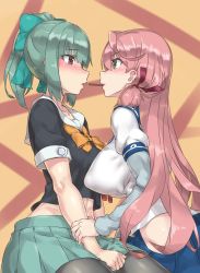 Rule 34 | 10s, 2girls, abs, akashi (kancolle), blue skirt, blush, bow, breasts, brown eyes, commentary request, covered erect nipples, eyes visible through hair, folded ponytail, food, from side, green eyes, green hair, green skirt, hair bow, hair over one eye, hair ribbon, highres, hip vent, kantai collection, large breasts, long hair, long sleeves, md5 mismatch, midriff, mizuumi (bb), multiple girls, pantyhose, pink hair, pleated skirt, pocky, pocky kiss, ponytail, puffy nipples, revision, ribbon, school uniform, serafuku, shared food, skirt, smile, tank top, tress ribbon, twintails, yuri, yuubari (kancolle)