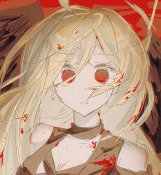 1girl black_wings blonde_hair blood blood_in_hair blood_on_clothes blood_on_face breasts chinese_commentary cleavage commentary_request crying crying_with_eyes_open fang fantasy_suhakdaejeon hair_between_eyes highres long_hair mina_(fantasy_suhakdaejeon) parted_lips portrait red_background red_eyes sketch skin_fang solo surprised tears wings youshendesu