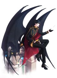 Rule 34 | 1boy, absurdres, arch, black cape, black footwear, black gloves, black hair, black legwear, black pants, black wings, book, cape, facial tattoo, feathers, full body, gloves, highres, holding books, hsmoji, long sleeves, male focus, original, pants, red cape, sitting, tattoo, transparent background, wings