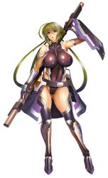 Rule 34 | 1girl, asagiri, breasts, covered erect nipples, covered navel, curvy, female focus, full body, green hair, highleg, highres, huge breasts, legs, leotard, lilith-soft, long hair, looking at viewer, open mouth, partially visible vulva, ponytail, red eyes, serious, shijo kisaragi, shiny skin, skin tight, solo, standing, taimanin (series), taimanin asagi, taimanin asagi kessen arena, thong leotard, weapon
