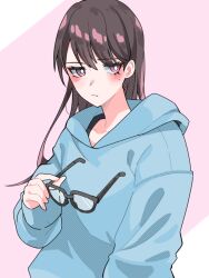 Rule 34 | 1girl, bang dream!, bang dream! it&#039;s mygo!!!!!, blue hoodie, blush, bright pupils, brown hair, closed mouth, commentary request, glasses, highres, holding, holding removed eyewear, hood, hoodie, long hair, looking at viewer, mole, mole under eye, nanami (nunnun 0410), pink background, pink eyes, shiina taki, solo, two-tone background, unworn eyewear, upper body, white background, white pupils