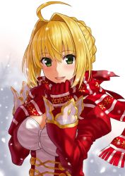Rule 34 | 10s, 1girl, ahoge, blonde hair, breasts, dress, epaulettes, fate/extra, fate (series), gloves, green eyes, hair bun, hair intakes, hair ribbon, large breasts, long sleeves, nero claudius (fate), nero claudius (fate) (all), nero claudius (fate/extra), npcpepper, red dress, red ribbon, ribbon, scarf, single hair bun, snowing, solo